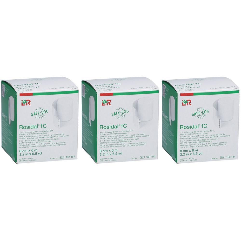 Trois paquets de bandage Rosidal 1C. 8 cm x 6 m. L&R SAFE-LOC.