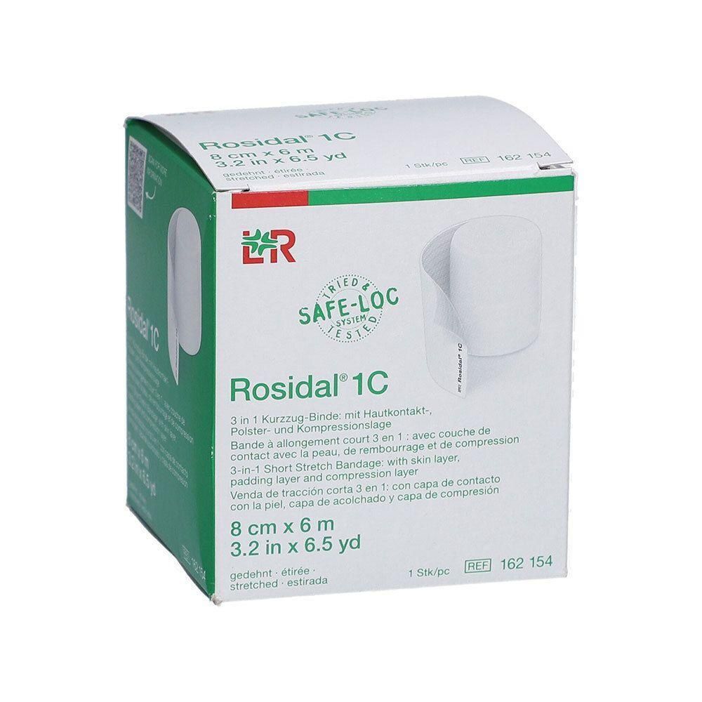 Rosidal 1C 3-in-1 korte rekverband met huidcontact-, polster- en compressielaag, 8 cm x 6 m.