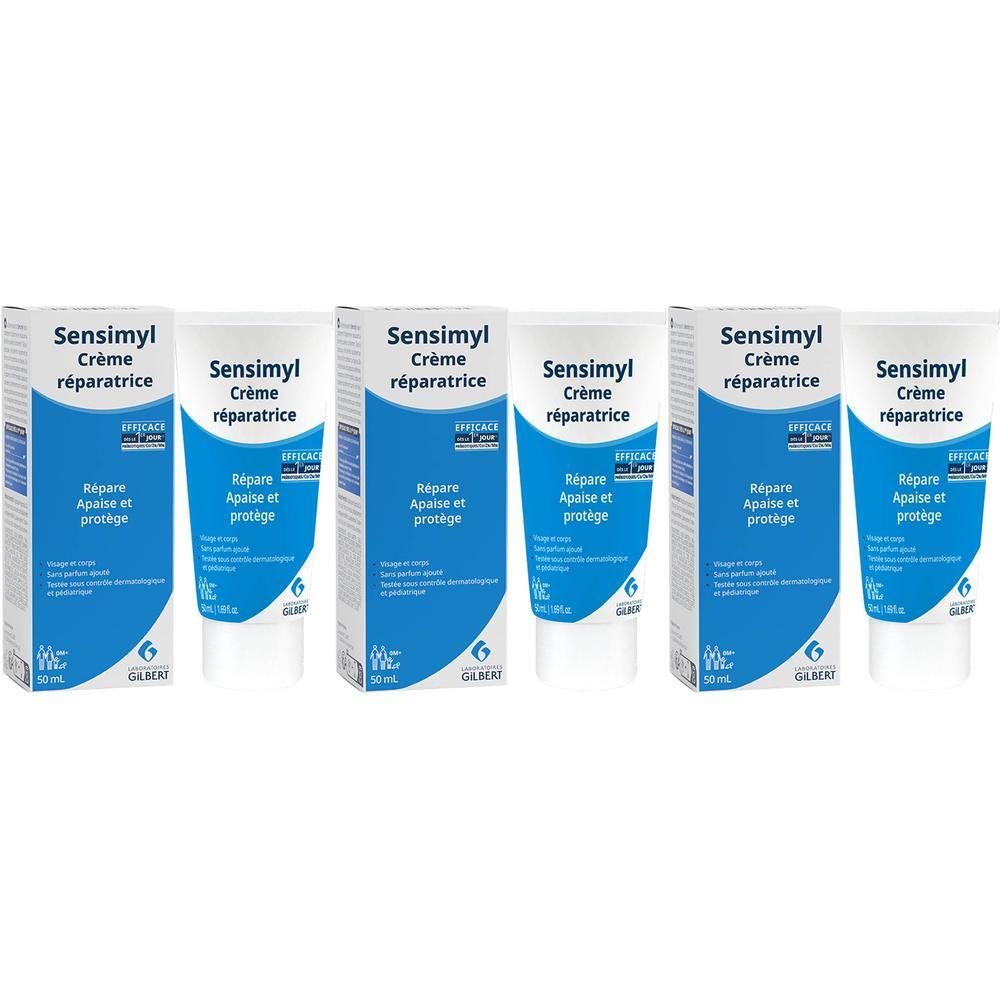Cinq boîtes de Sensimyl crème réparatrice, 50ml.