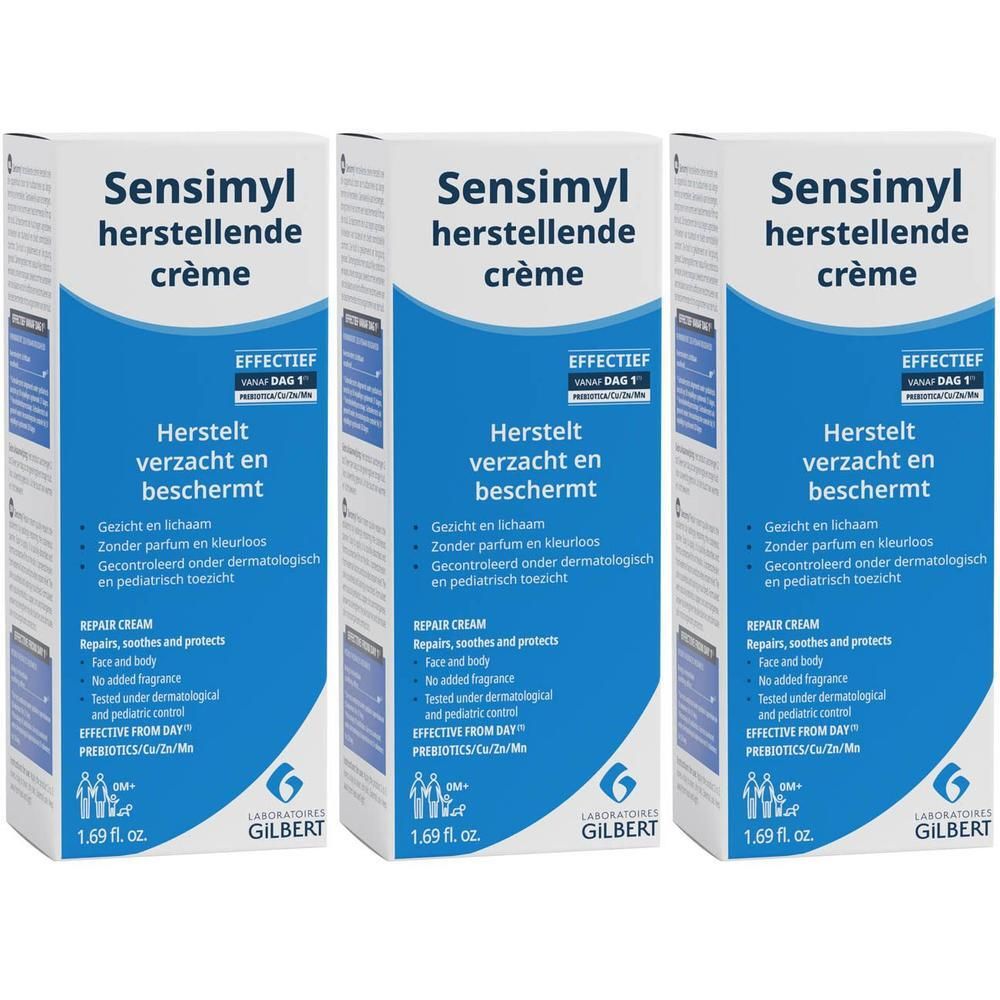 Drie pakken Sensimyl herstellende crème, 50ml.