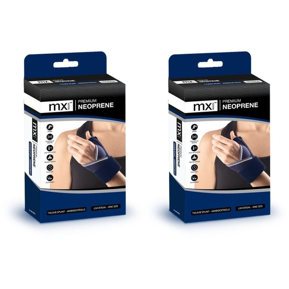 Deux boîtes de bandages pour pouce en néoprène MX. Une femme porte un bandage au pouce.