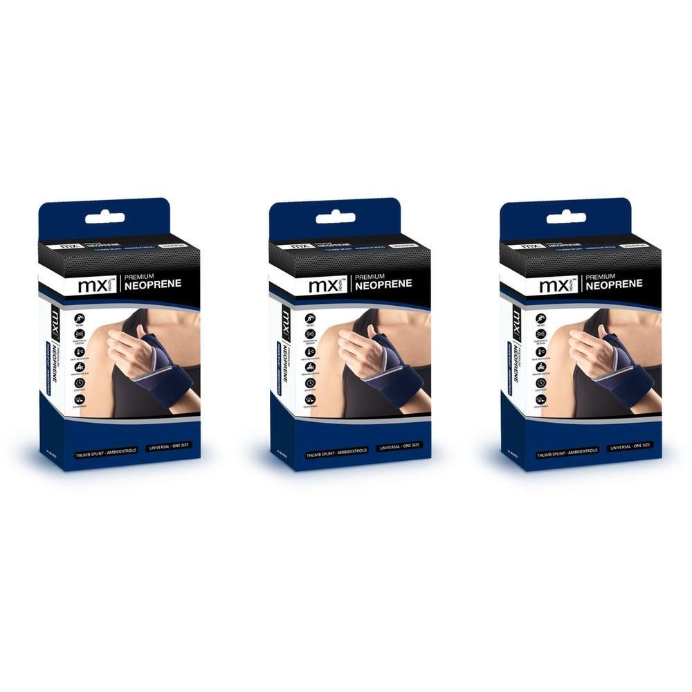 Drie dozen met MX Neopreen Duimbraces. Elke doos toont een hand met een blauwe brace.