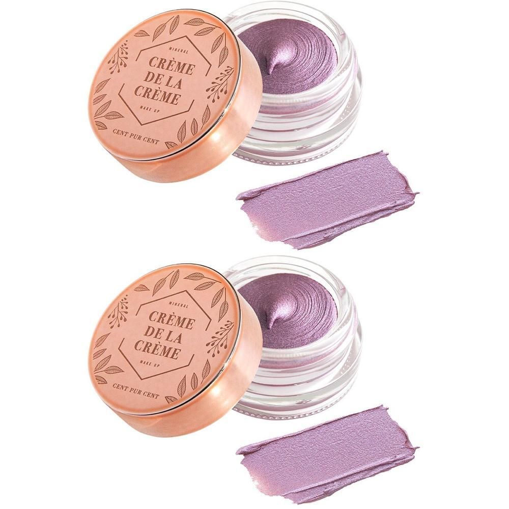 Twee potjes met lila crème, met ernaast een veeg van de crème.