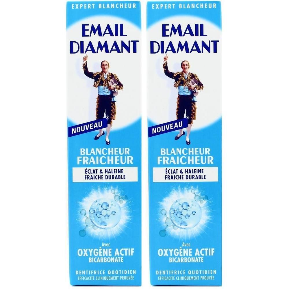 Deux paquets de dentifrice Email Diamant Blancheur Fraicheur avec l'image d'un homme en tenue de matador.