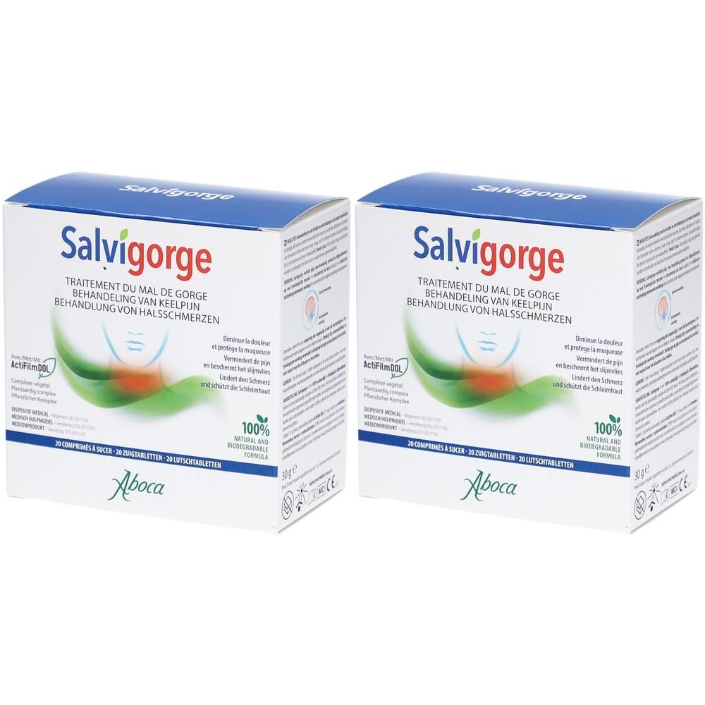 Deux boîtes de pastilles Aboca Salvigorge pour le traitement des maux de gorge.