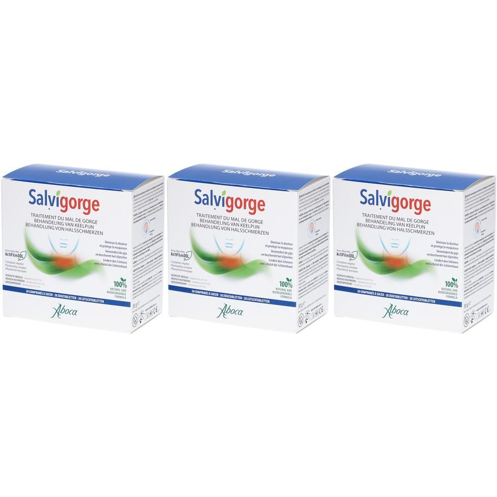 Drie pakken Aboca Salvigorge zuigtabletten. Witte dozen met blauw en groen design.