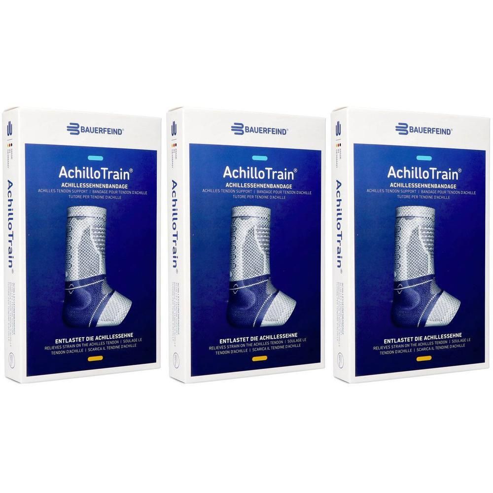 Drie verpakkingen van de Bauerfeind AchilloTrain achillespeesbandage in beige.