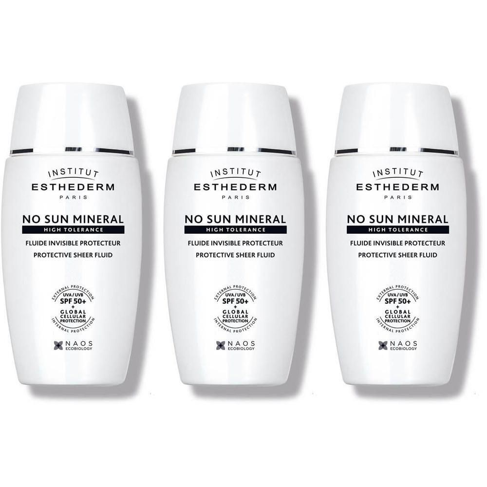 Drie witte flacons Institut Esthederm No Sun Mineral met SPF 50+.