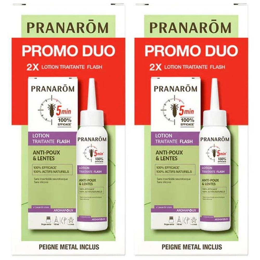 Pranarôm Promo Duo : Deux flacons de lotion anti-poux et lentes avec applicateur et peigne.