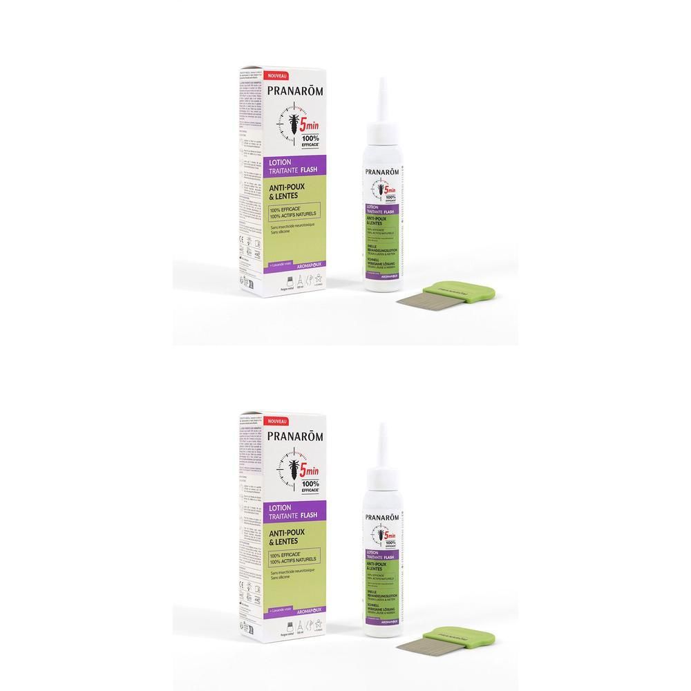 Flacon et boîte Pranarôm Aromapoux Lotion, avec peigne.