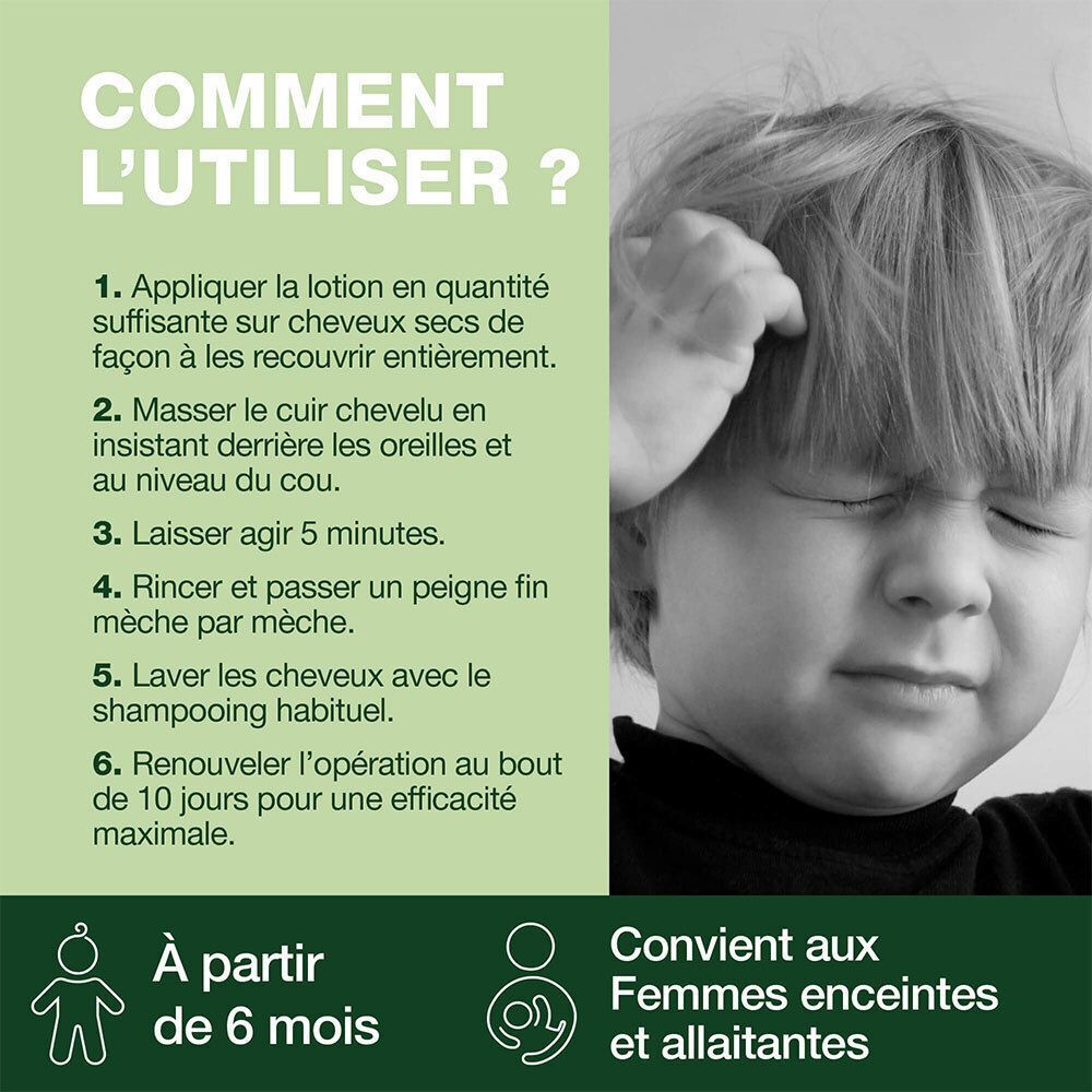 Utilisation de la lotion Pranarôm Aromapoux chez un enfant atteint de poux.