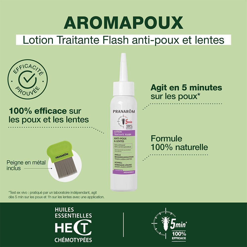 Lotion Pranarôm Anti-Poux : formule 100% naturelle, agit en 5 min, avec peigne.