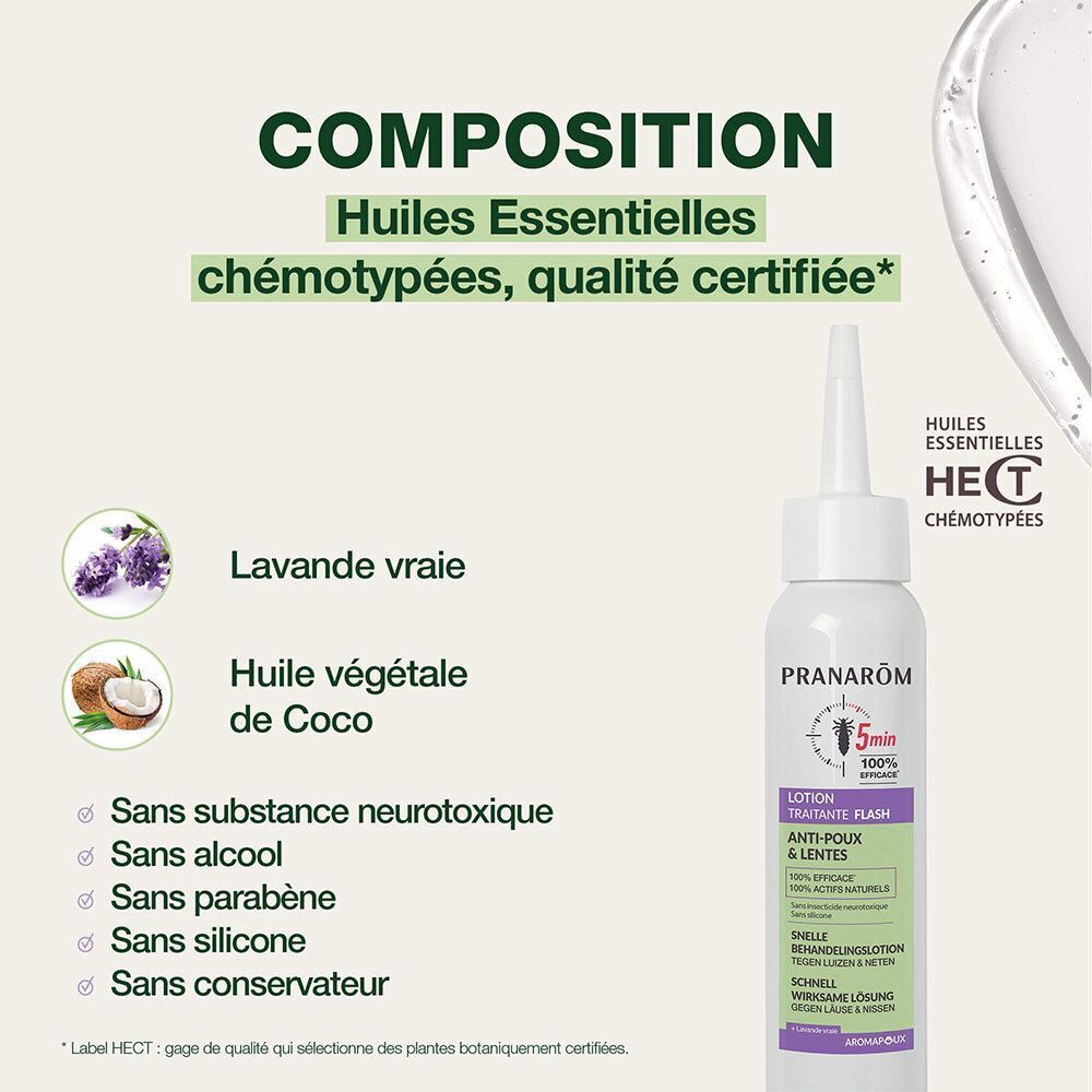 Lotion Pranarôm Anti-Poux : composition huiles essentielles, sans neurotoxique.