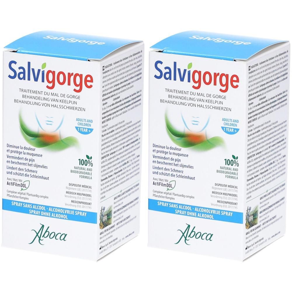 Twee verpakkingen Aboca Salvigorge Spray sans Alcool. Voor keelpijn.