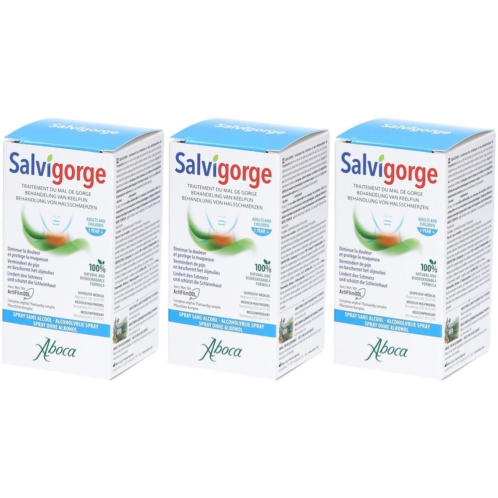 Trois boîtes de spray Salvigorge Aboca sans alcool. Face avant avec informations produit et logo.