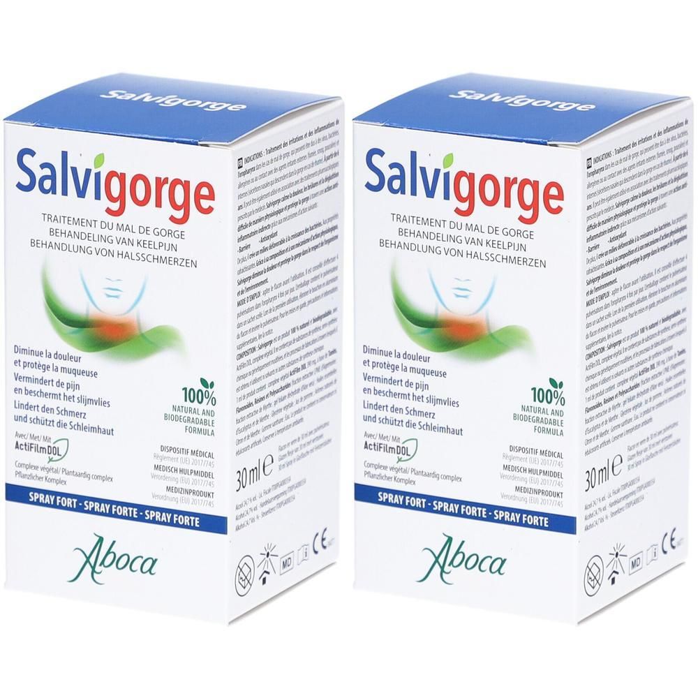 Deux boîtes de Salvigorge Spray Forte Aboca, 30ml. Pour le mal de gorge.