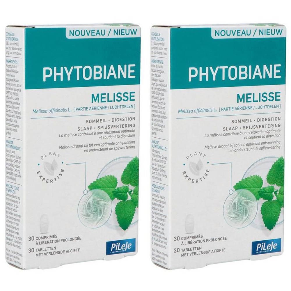 Twee pakken Phytobiane Melisse, 30 tabletten per pak, voor slaap en spijsvertering.