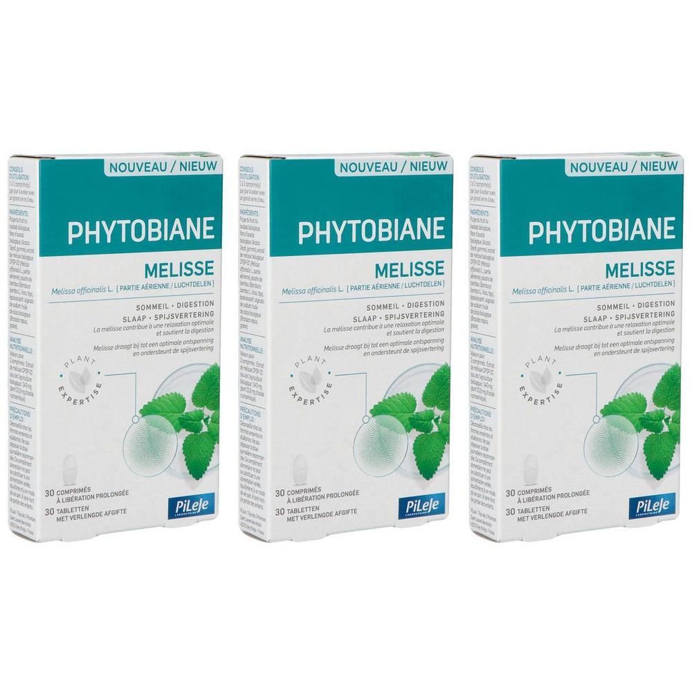 Trois boîtes Phytobiene Melisse de 30 comprimés chacune. Des feuilles de menthe verte sont illustrées.