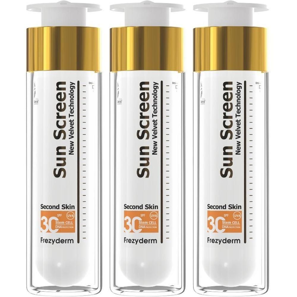 Drie Frezyderm Sun Screen Velvet Face SPF30 flacons met gouden doppen en witte pompen.