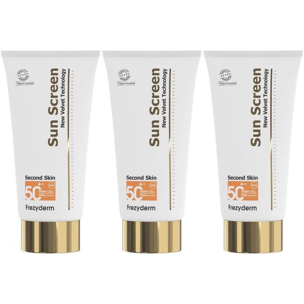 Trois tubes blancs de crème solaire avec bouchon doré. SPF 50+ et logo Frezyderm visibles.
