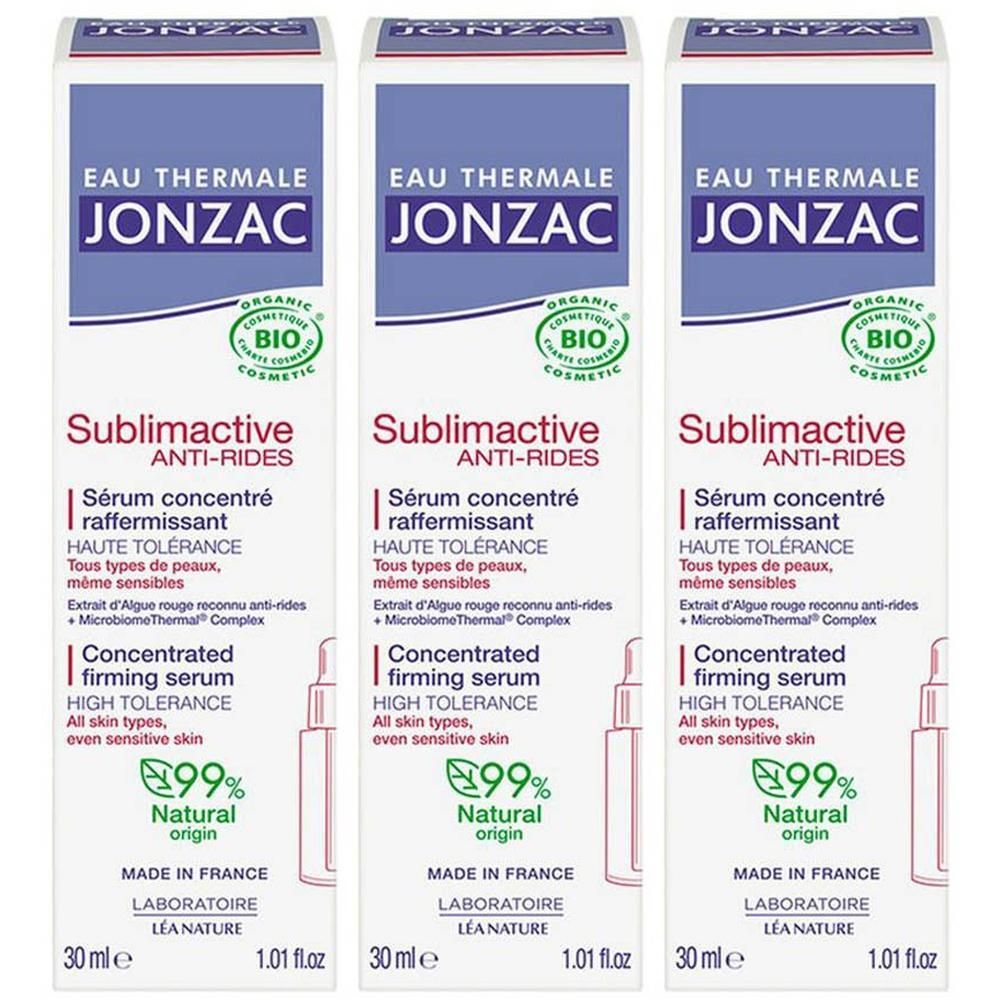 Trois boîtes de sérum concentré raffermissant JONZAC Sublimactive avec flacon compte-gouttes. 30 ml.