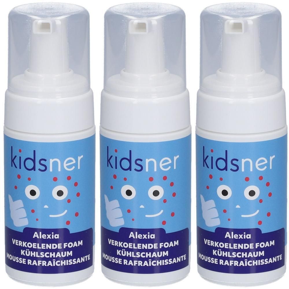 Trois flacons de mousse rafraîchissante Kidsner Alexia avec pompe et capuchon transparent.