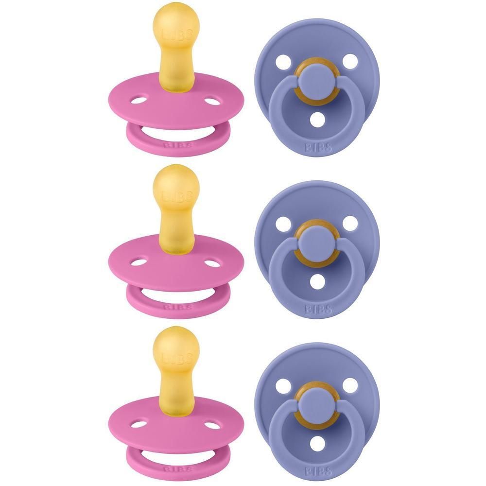 Drie roze en drie blauwe fopspenen met gele speen en ring.