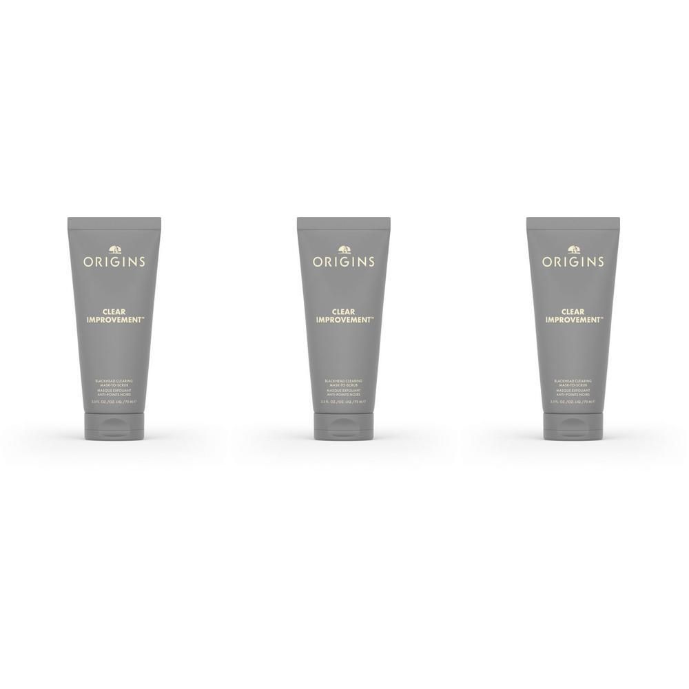 Drie Origins Clear Improvement maskers in grijze tubes.