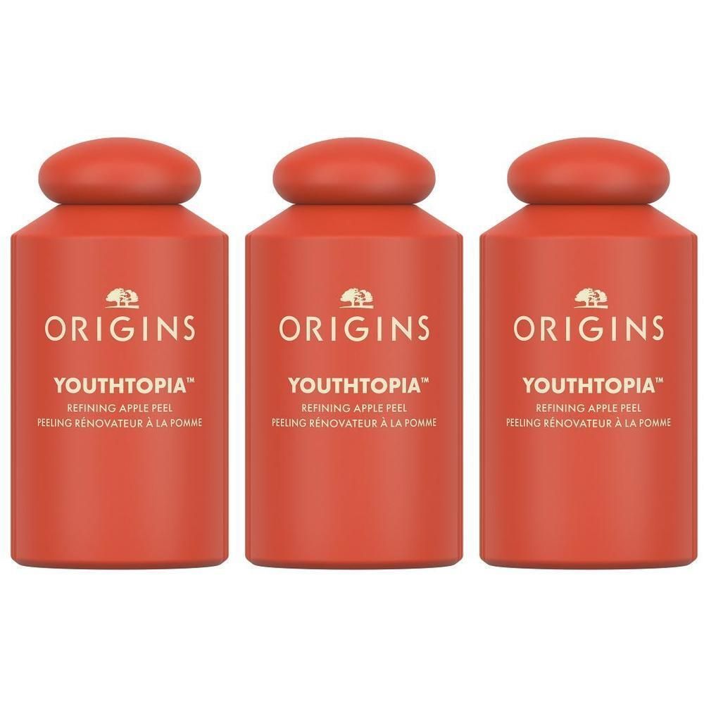 Trois flacons Origins Youthtopia Peeling Rénovateur à la Pomme orange avec bouchons rouges.
