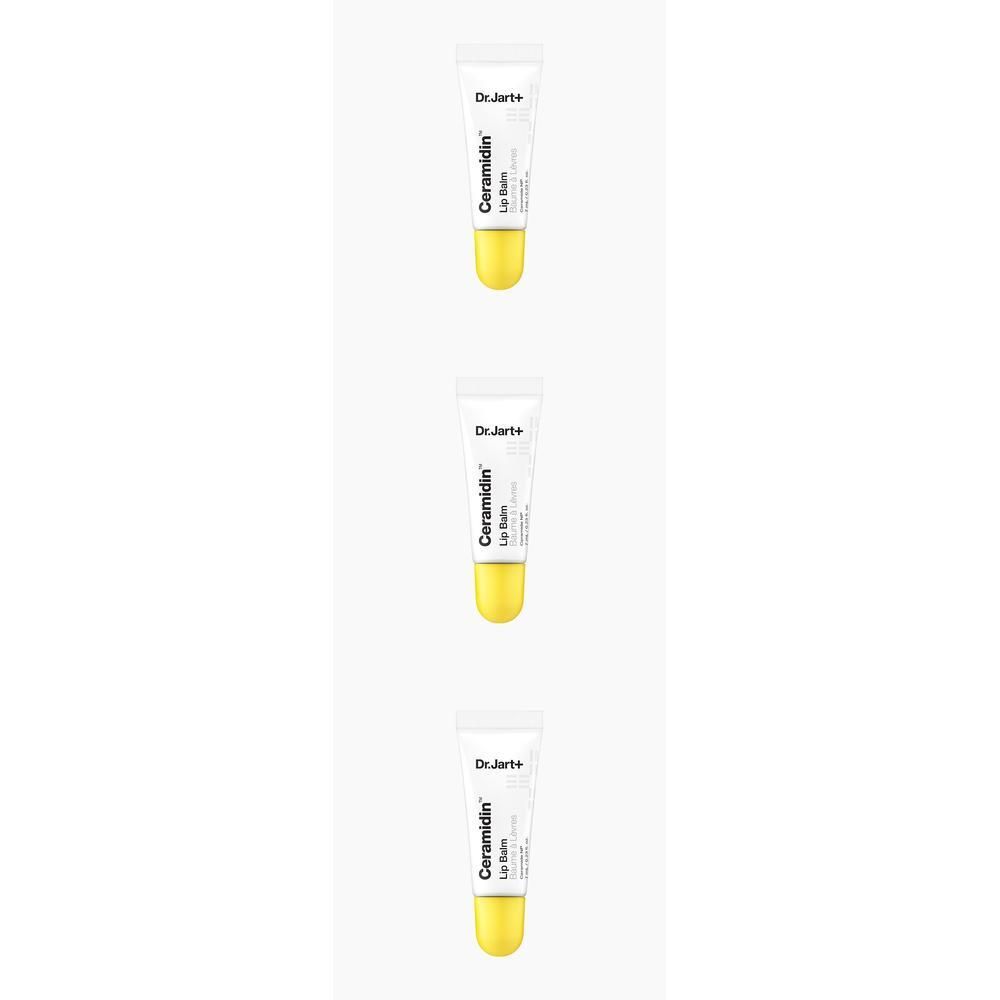 Drie tubes Dr. Jart+ Ceramidin lippenbalsem met gele doppen.
