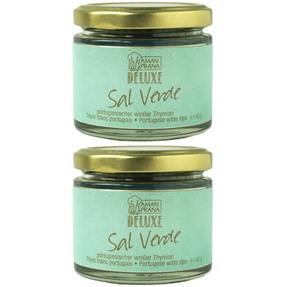 Deux pots de Amanprana Sal Verde au thym blanc portugais.