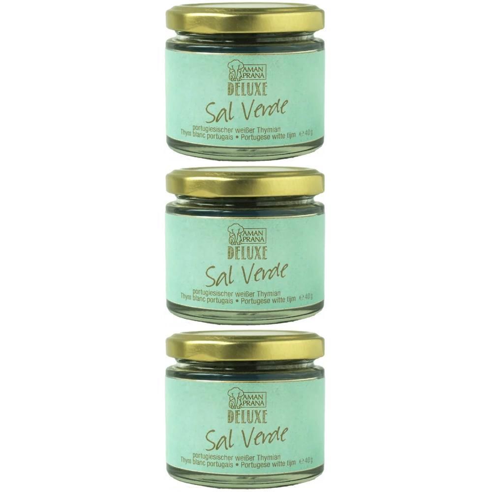 Drie potjes Amanprana Sal Verde met Portugese witte tijm. Lichtgroen etiket met goudkleurig deksel.