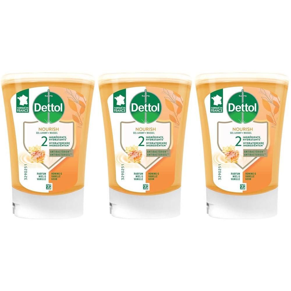 Trois flacons de savon liquide Dettol Nourish parfum miel et vanille.