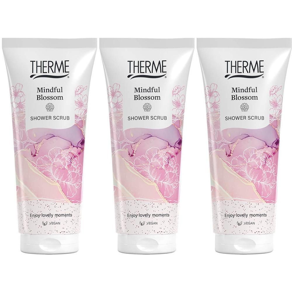 Trois tubes de Gommage Douche Therme Mindful Blossom avec un motif marbré rose et violet.