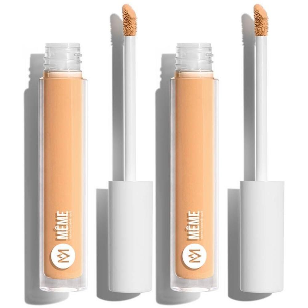 Twee Même Vloeibare Concealer Tint 3 - Medium in glazen flesjes met applicators.