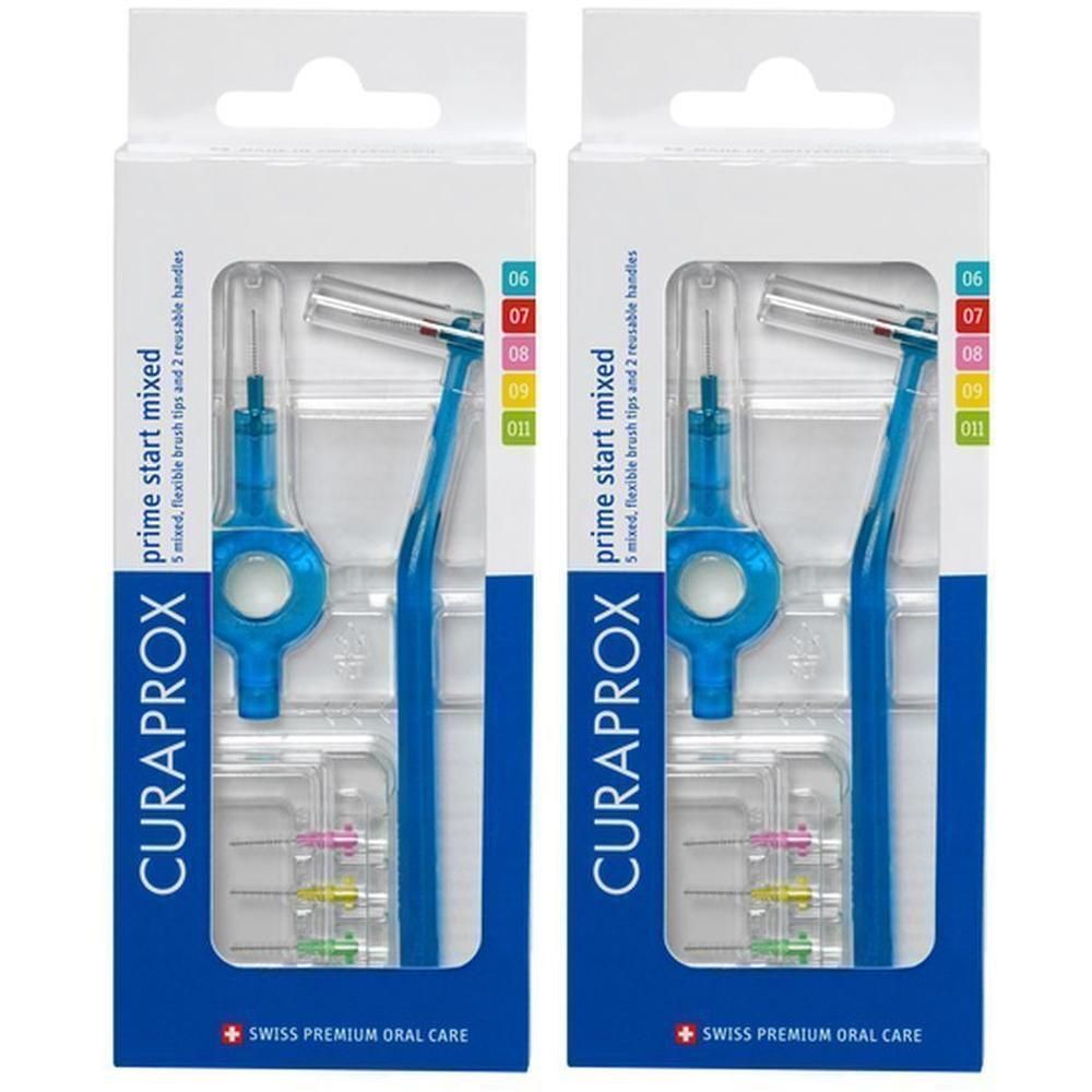 Deux kits de démarrage Curaprox pour interdentaires, chacun avec 5 têtes de brosse mixtes et 2 manches réutilisables.