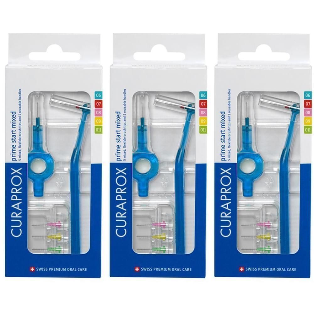 Drie Curaprox Interdental Starter Kits met blauwe handvatten en verschillende borstelmaten.