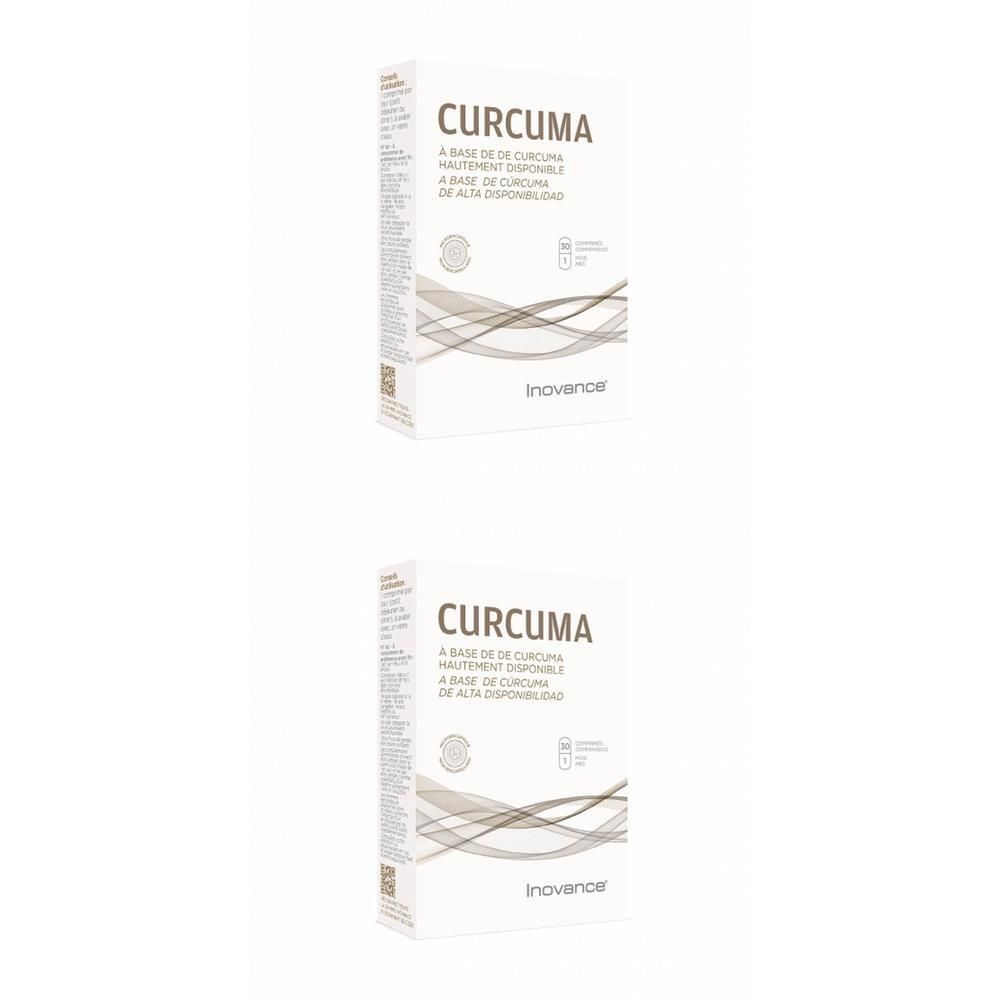 Deux boîtes de Inovance Curcuma. Emballages blancs avec informations produit et nom de marque Inovance.