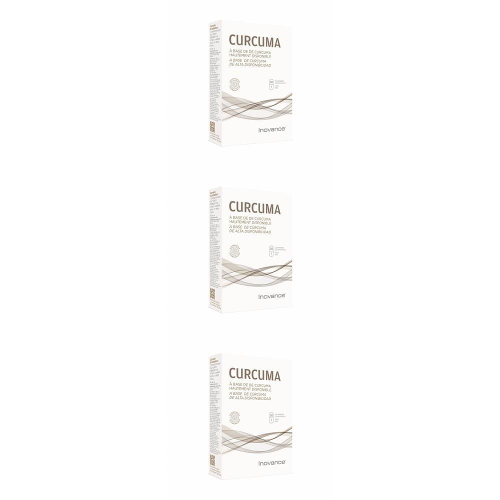 Drie verpakkingen Inovance Curcuma, voedingssupplement op basis van kurkuma.