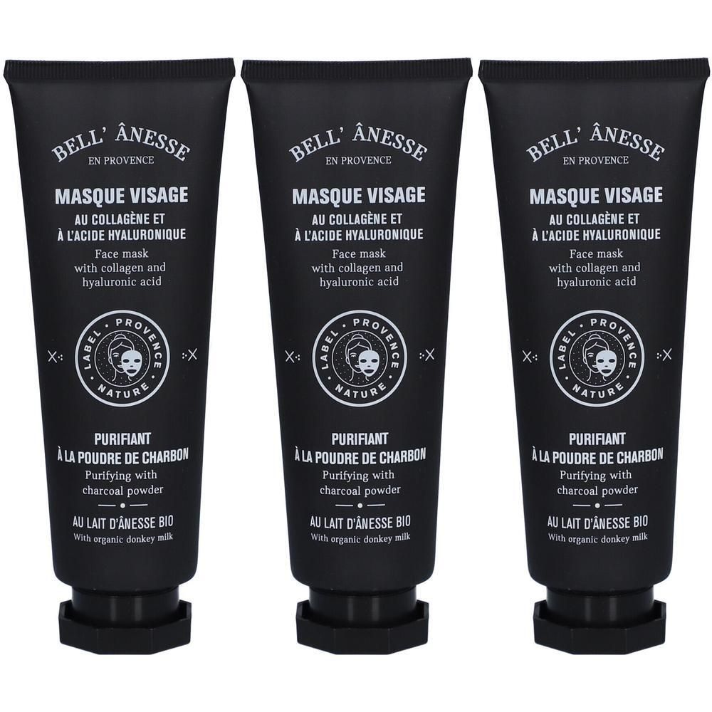 Trois tubes noirs de masque visage au collagène et acide hyaluronique, purifiant à la poudre de charbon.