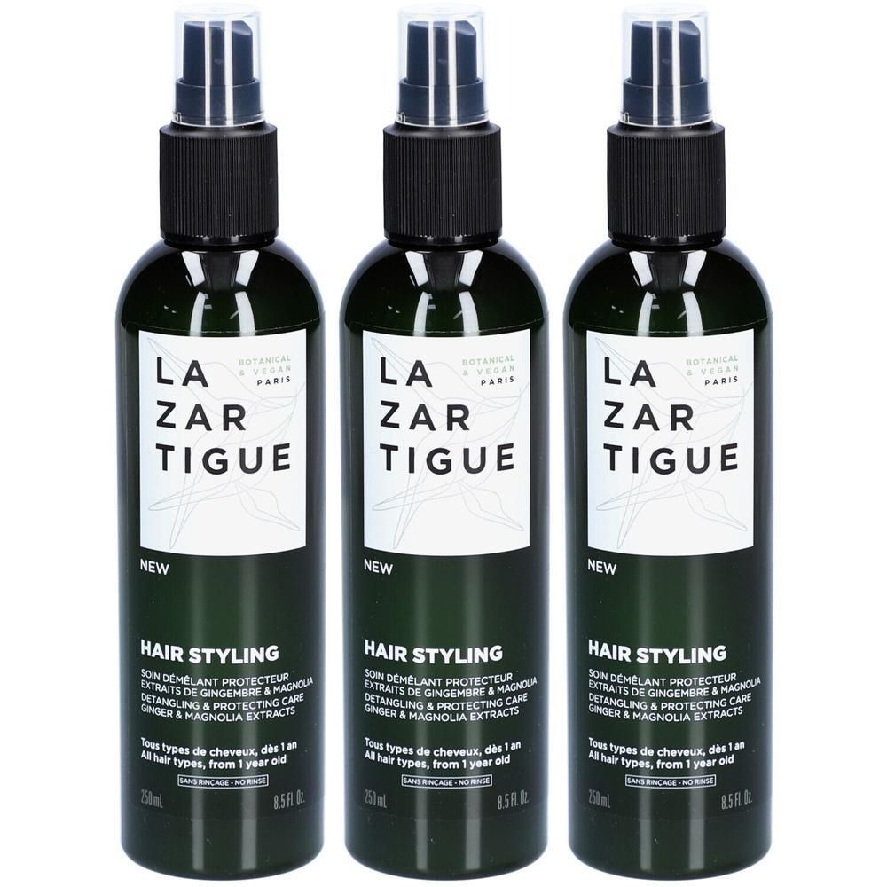 Trois flacons de spray coiffant Lazartigue avec tête de pompe. Flacons vert foncé avec étiquette blanche.