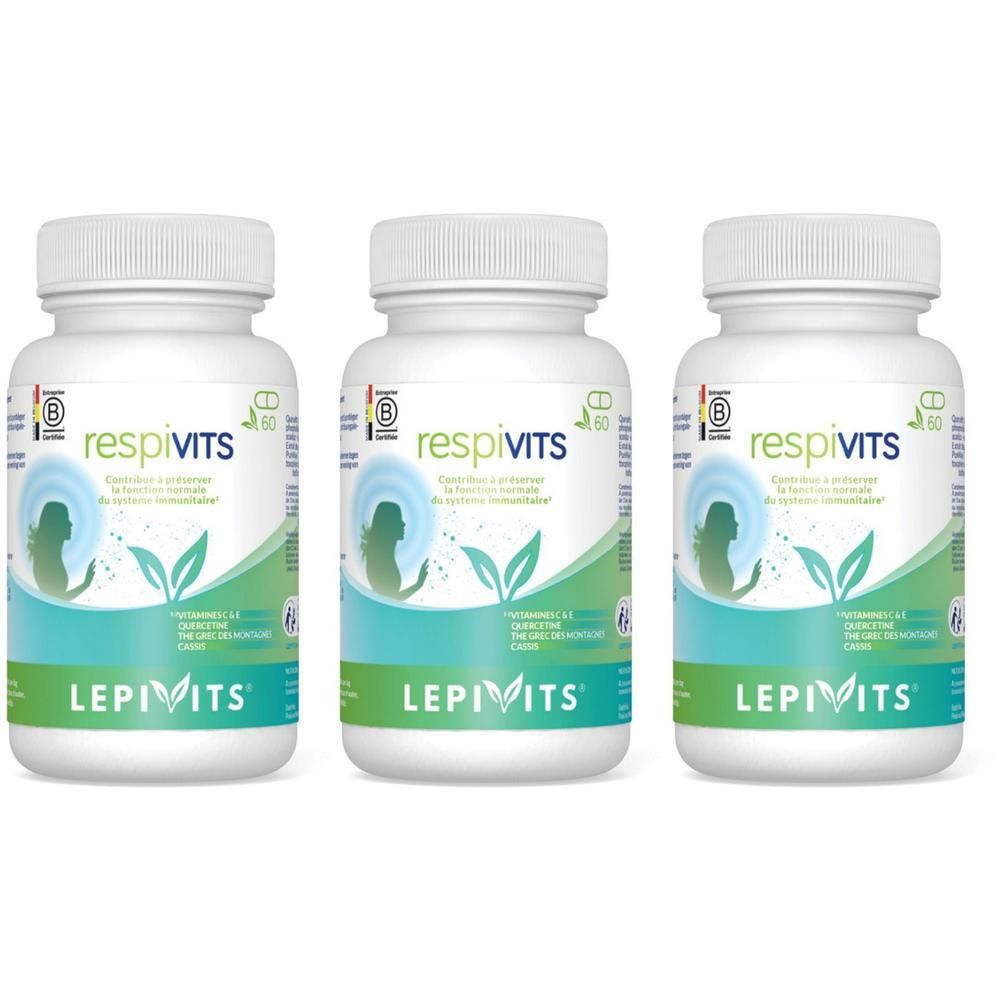 Trois flacons Lepivits Respivits de 60 gélules. Flacons blancs avec étiquette bleu-vert.