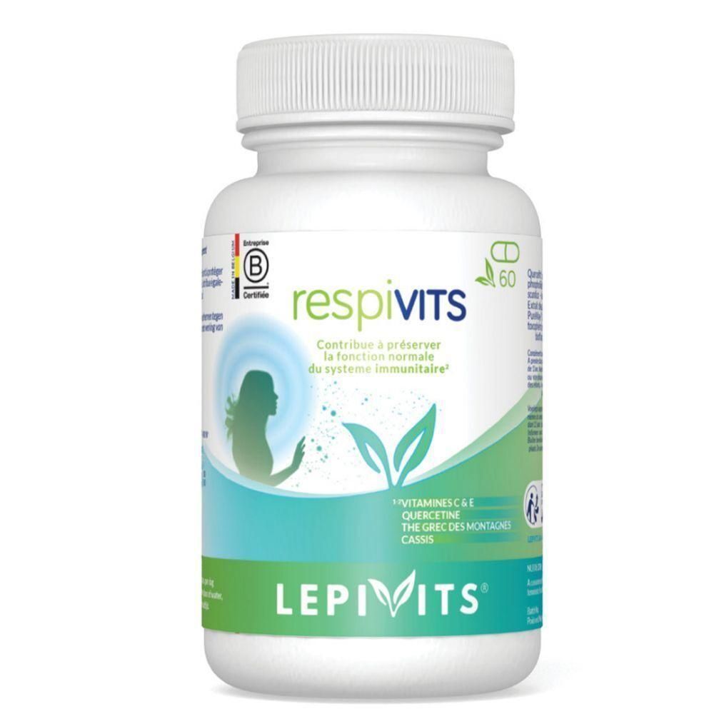 Wit pillenpotje met etiket 'respivITS'. Bevat 60 capsules. Merk: LEPIVITS.