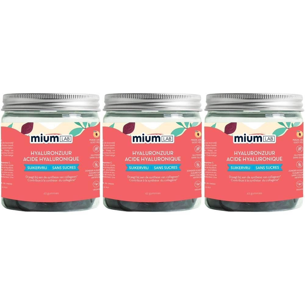 Drie potten MiumLab Hyaluronzuur, suikervrij.
