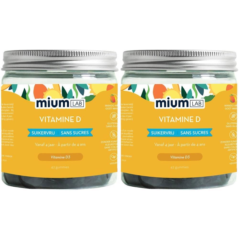 Deux pots de MiumLab Vitamine D, sans sucres, à partir de 4 ans.