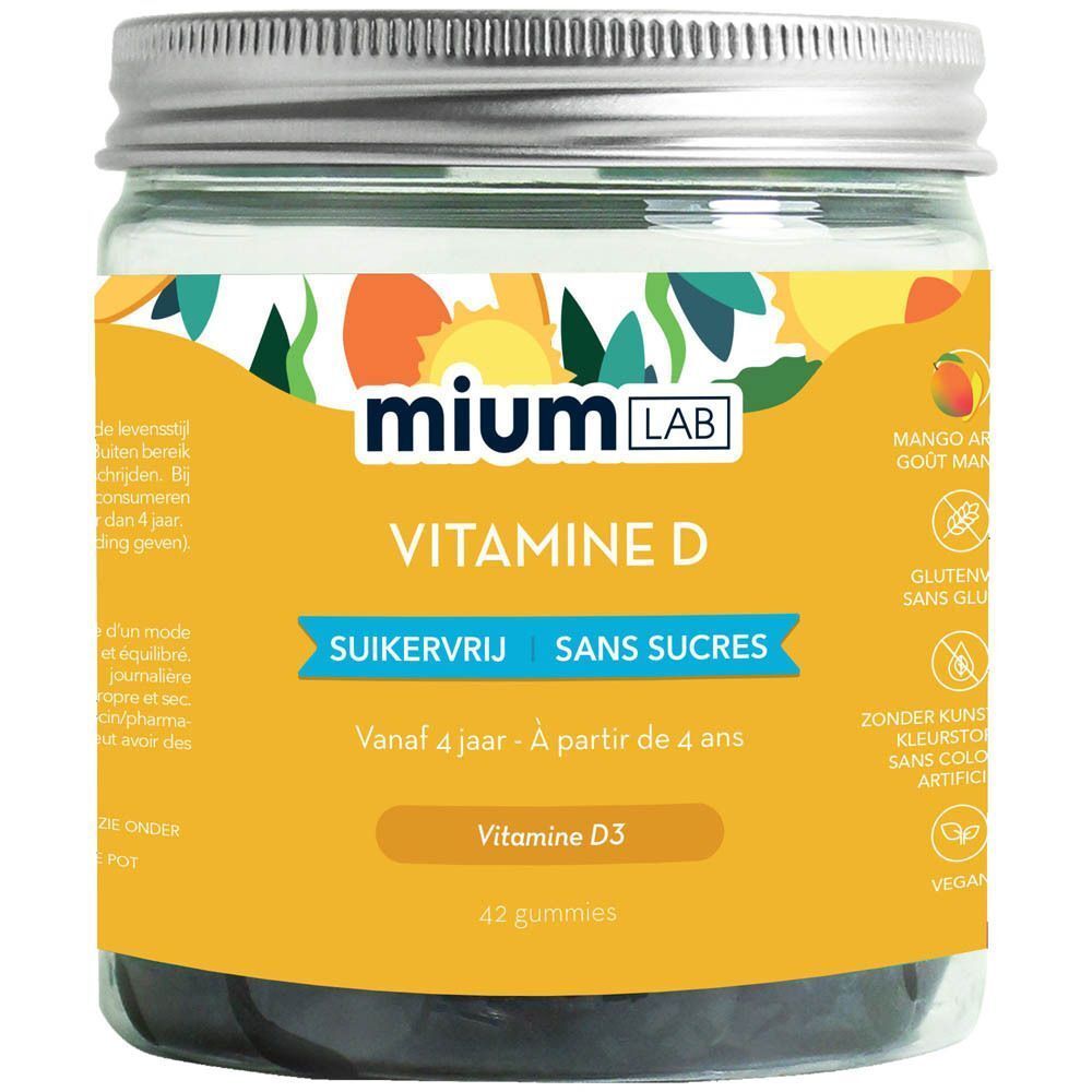 Un pot de MiumLab Vitamine D, sans sucres, vegan, à partir de 4 ans.
