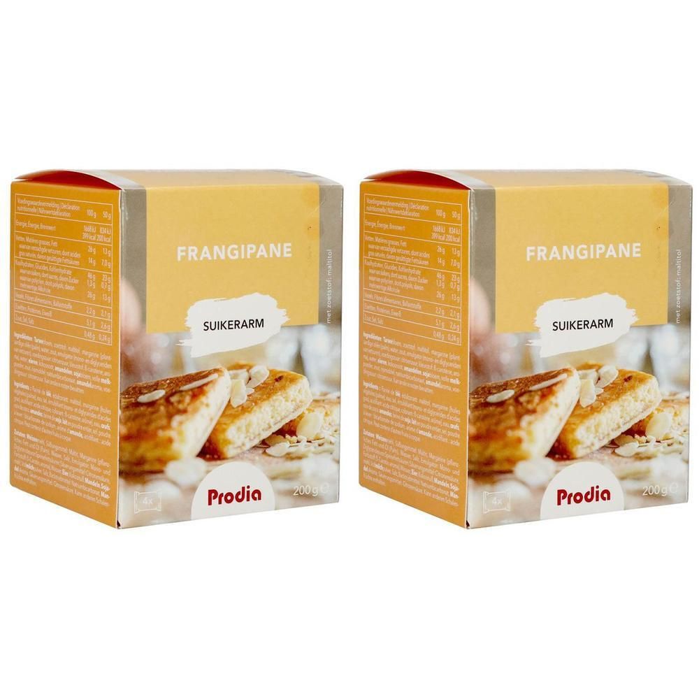 Deux paquets de Frangipane, faible en sucre, avec des éclats d'amandes.
