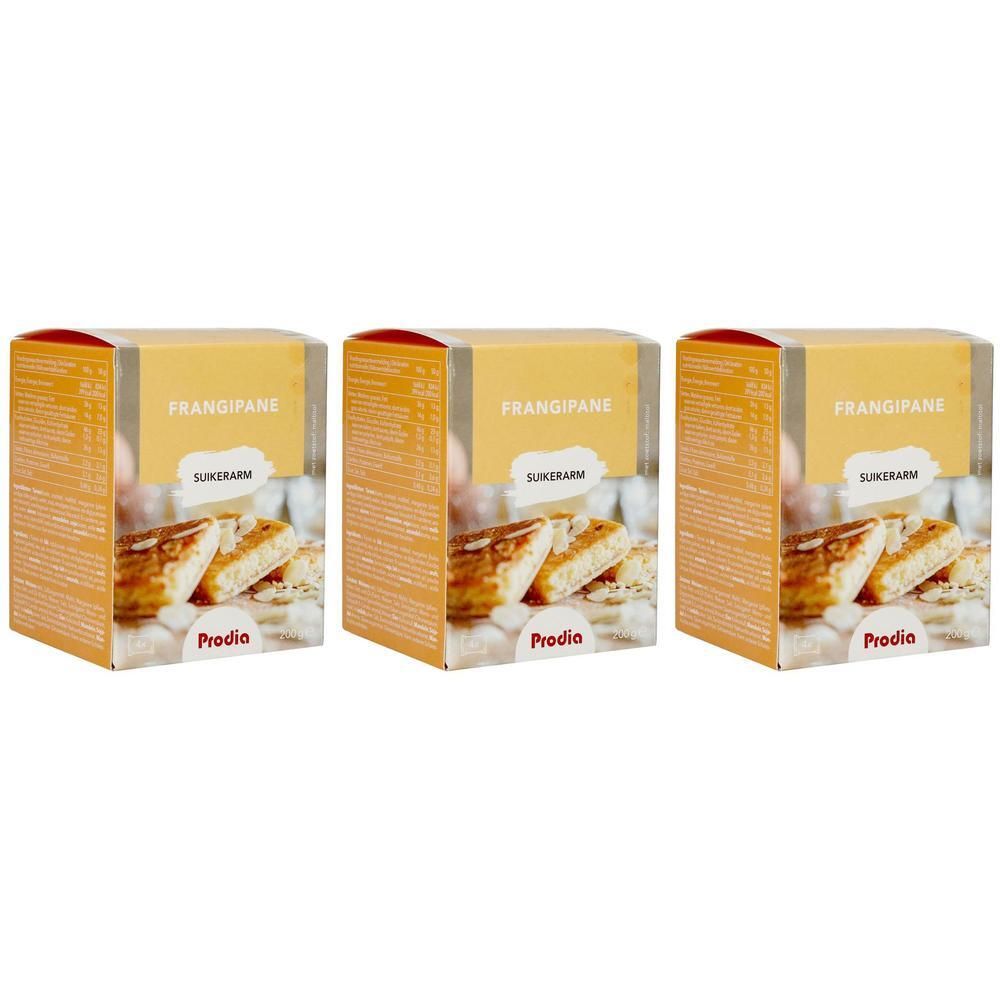 Trois paquets de Prodia Frangipane Sukerarm avec des images de parts de gâteau.