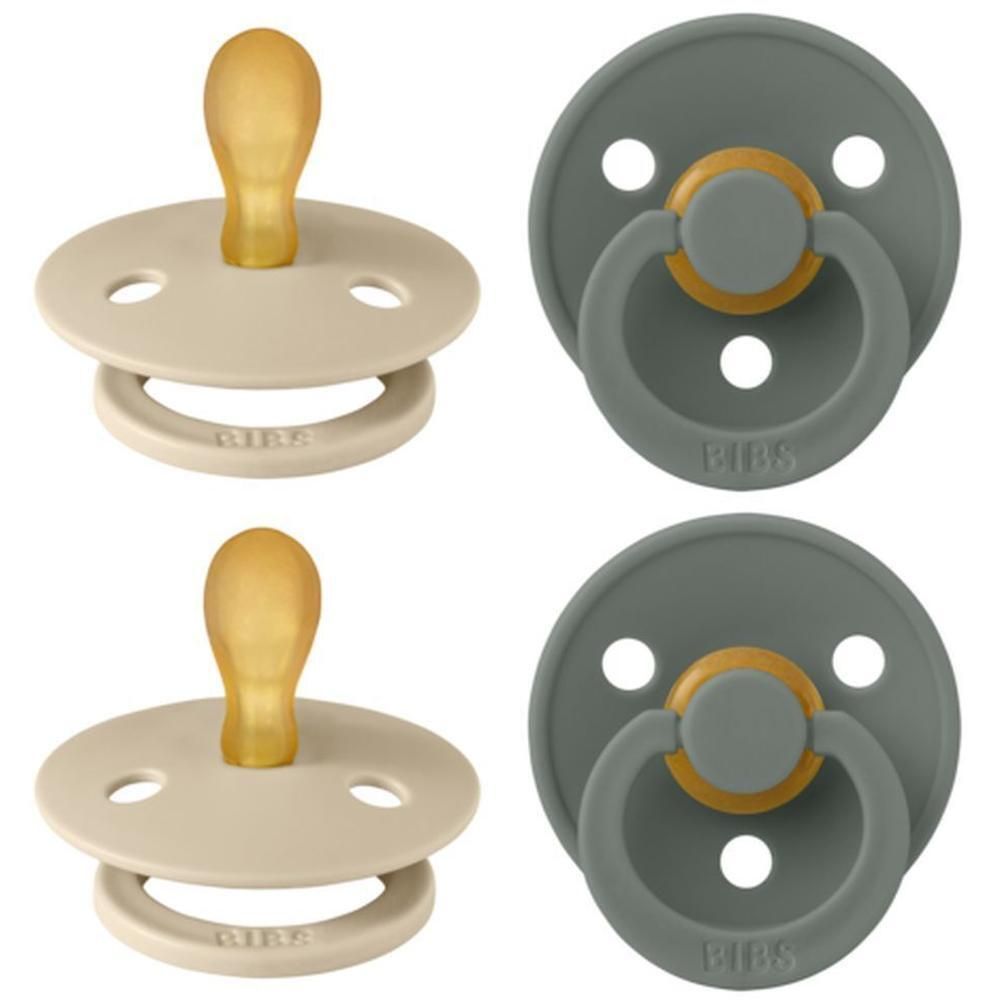 Twee BIBS symmetrische fopspenen, één crème en één grijs. Symmetrische latex speen en rond schild.