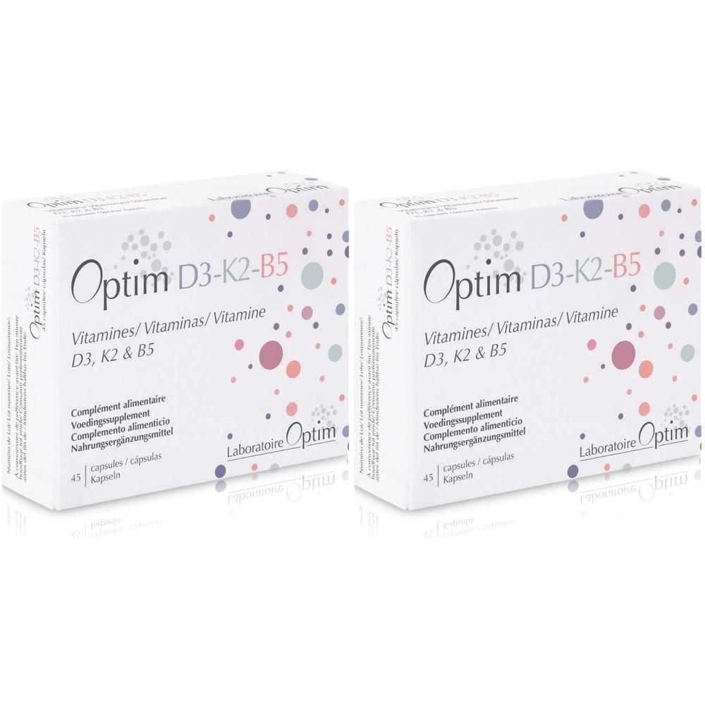 Deux boîtes de complément alimentaire Optim D3-K2-B5, vitamines D3, K2 & B5.